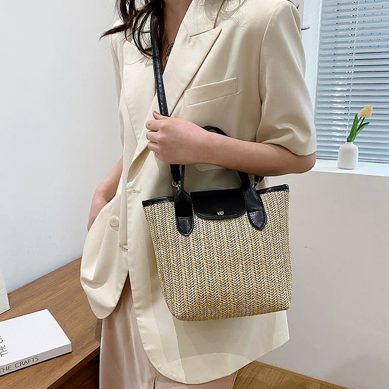 Vintage Straw Splicing Pu Leather Crossbody Bag for Women