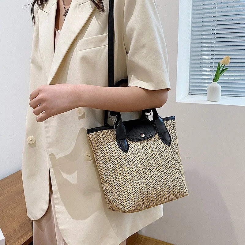 Vintage Straw Splicing Pu Leather Crossbody Bag for Women