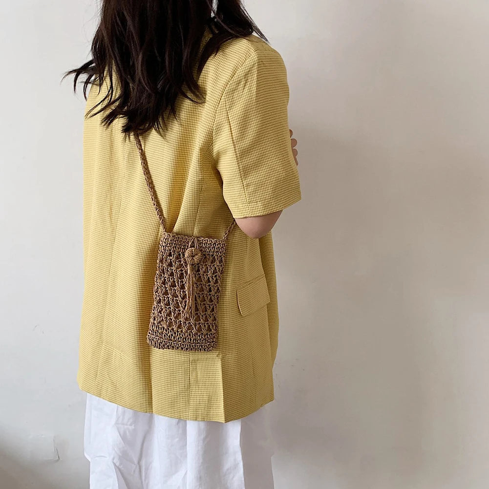Vintage Straw Crossbody Phone Bag Women Small Purse Ladies Single Shoulder Pouch