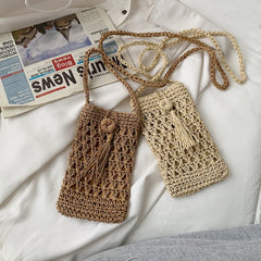 Vintage Straw Crossbody Phone Bag Women Small Purse Ladies Single Shoulder Pouch