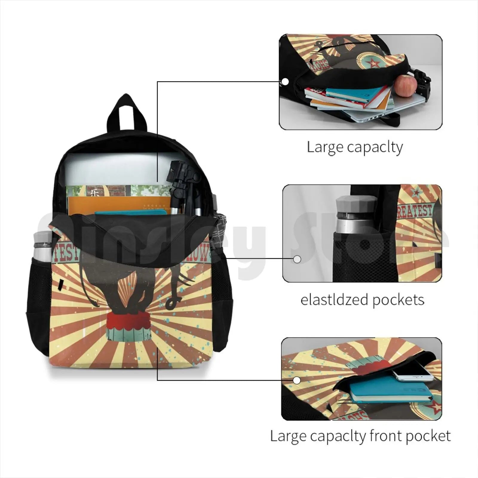 Vintage Circus Elephant Outdoor Hiking Backpack Waterproof