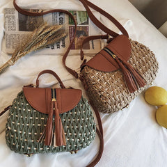Vintage Tassel Saddle Rattan Women Shoulder Bag Casual Straw Purse