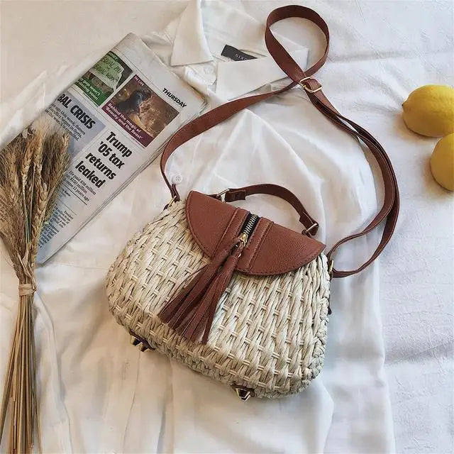 Vintage Tassel Saddle Rattan Women Shoulder Bag Casual Straw Purse