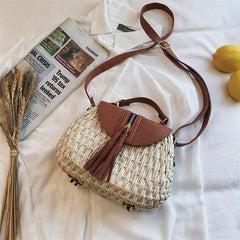 Vintage Tassel Saddle Rattan Women Shoulder Bag Casual Straw Purse