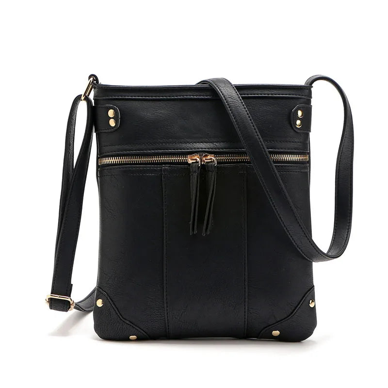 Vintage Women Bag Double Zipper Crossbody Messenger Bags PU Leather Shoulder Bag