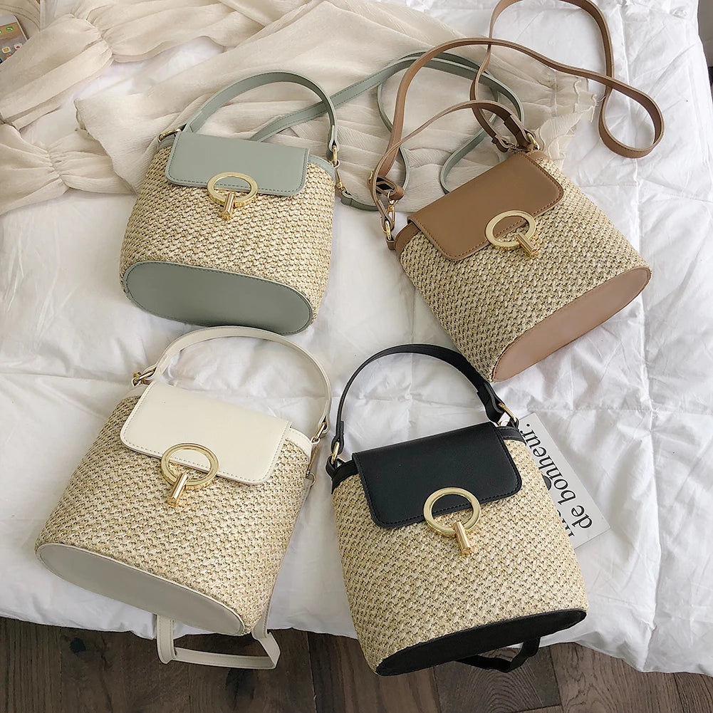 Vintage Women Beach Bucket Shoulder Flap Handbags