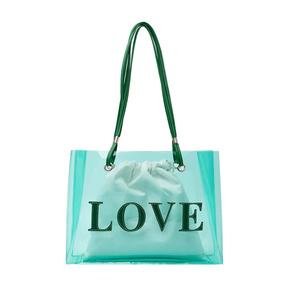 Vintage Women Clear Letters Shoulder Bag Drawstring Purse 2pcs Composite Bags