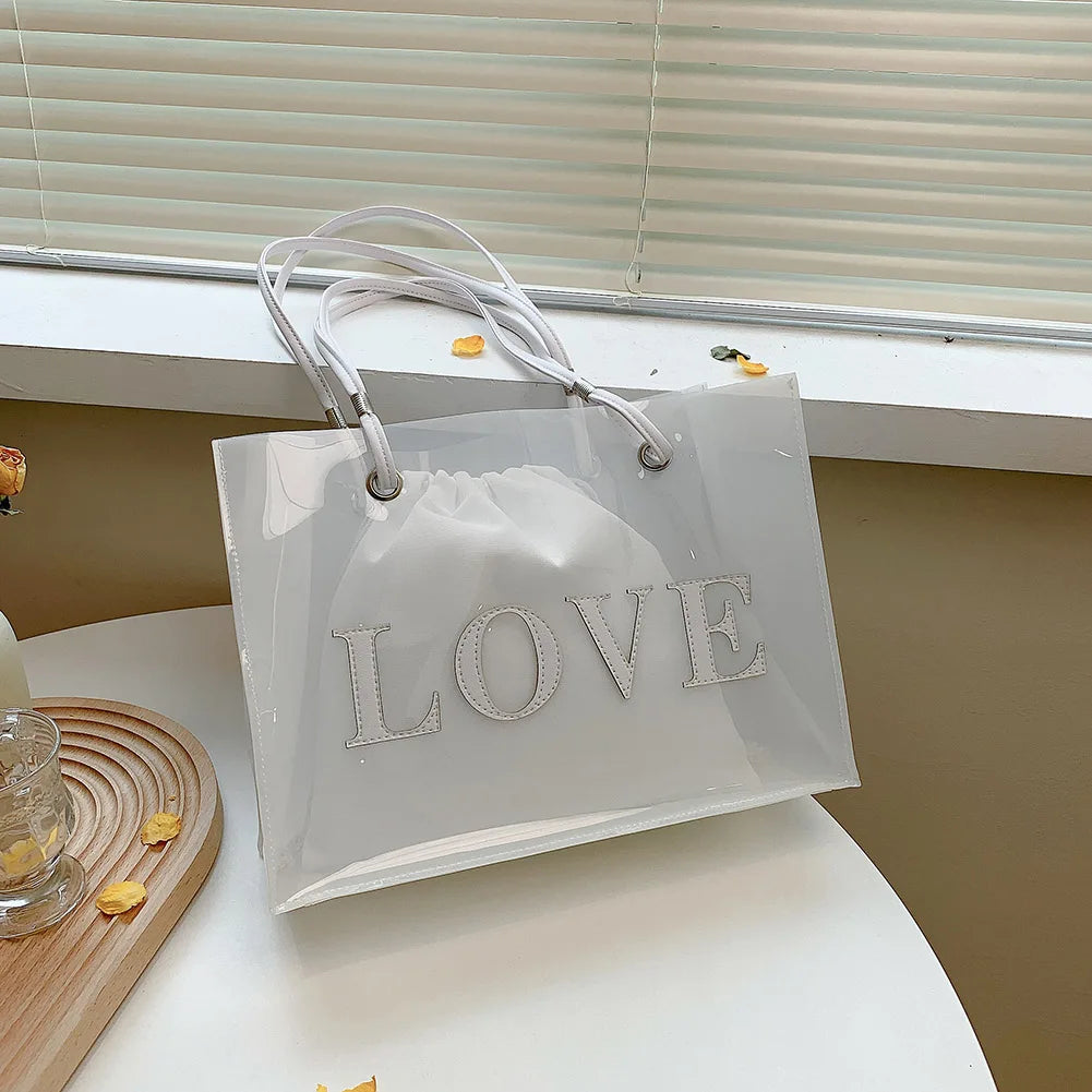 Vintage Women Clear Letters Shoulder Bag Drawstring Purse 2pcs Composite Bags