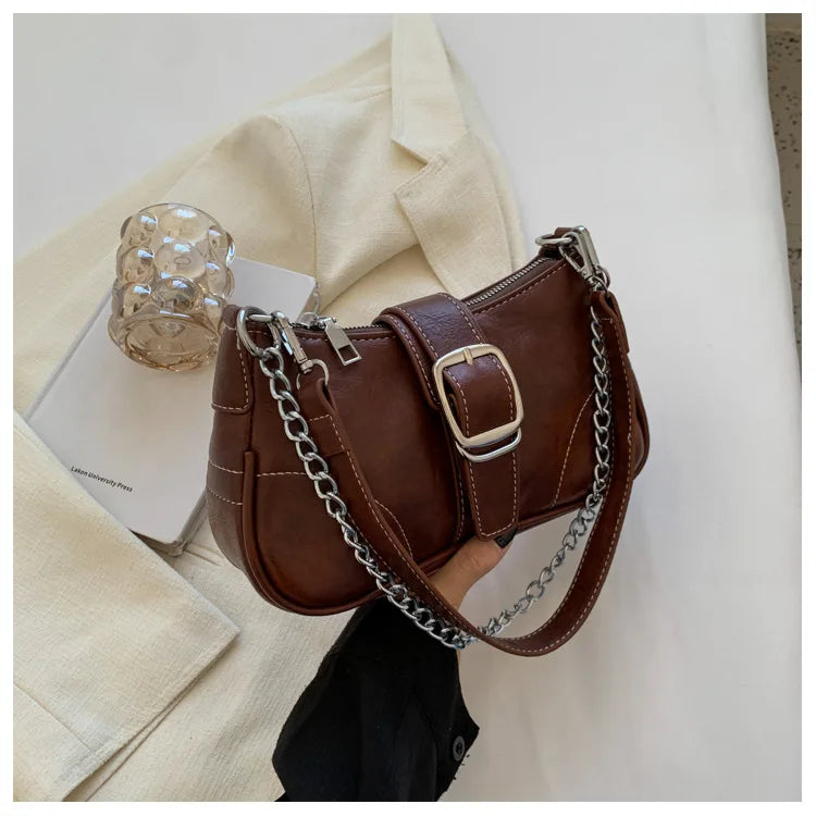 Vintage Women PU Leather Chain Bag Small Square Bag Commuter Shoulder Bag