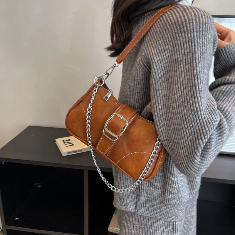 Vintage Women PU Leather Chain Bag Small Square Bag Commuter Shoulder Bag