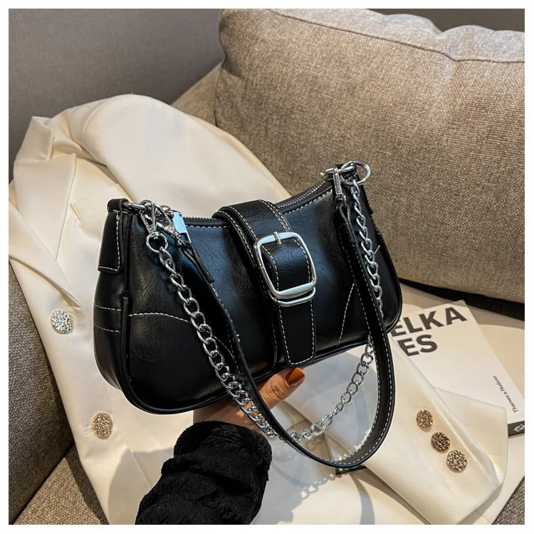 Vintage Women PU Leather Chain Bag Small Square Bag Commuter Shoulder Bag