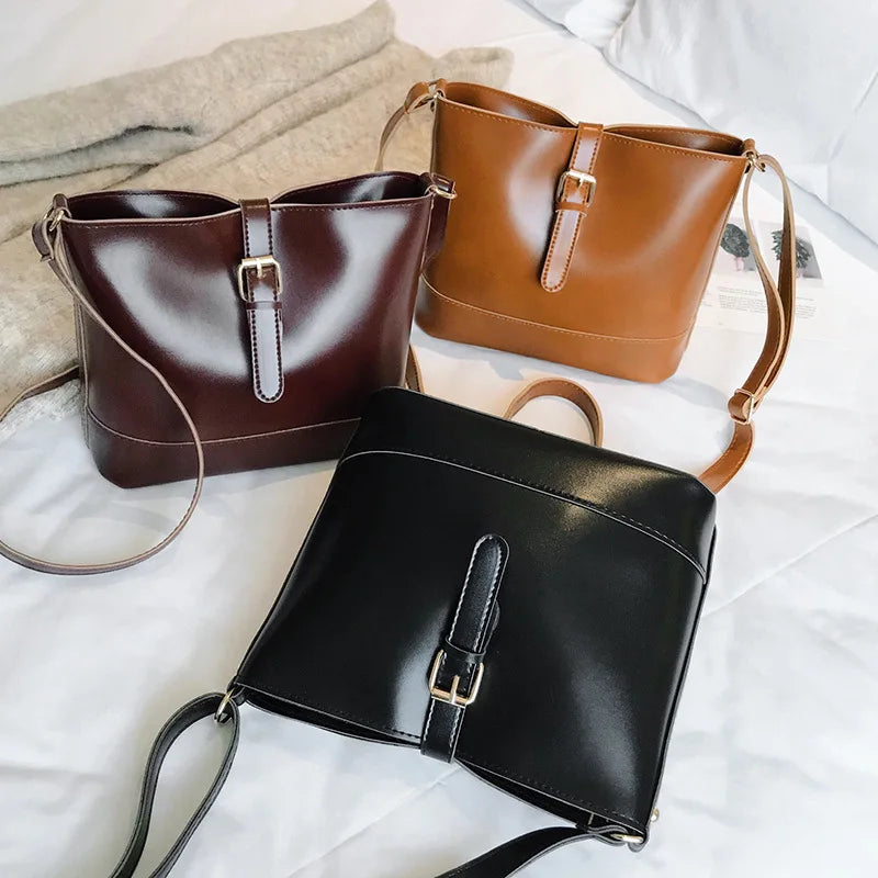 Vintage Women PU Leather Bucket Bag Shoulder Bag