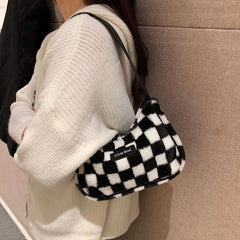 Vintage Plush Lattice Printing Shoulder Bag