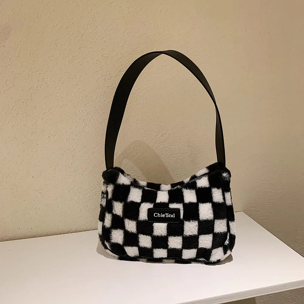 Vintage Plush Lattice Printing Shoulder Bag