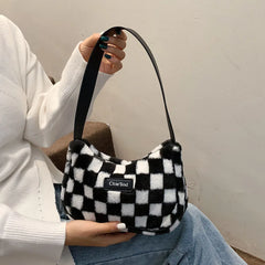 Vintage Plush Lattice Printing Shoulder Bag