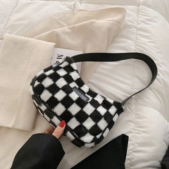 Vintage Plush Lattice Printing Shoulder Bag