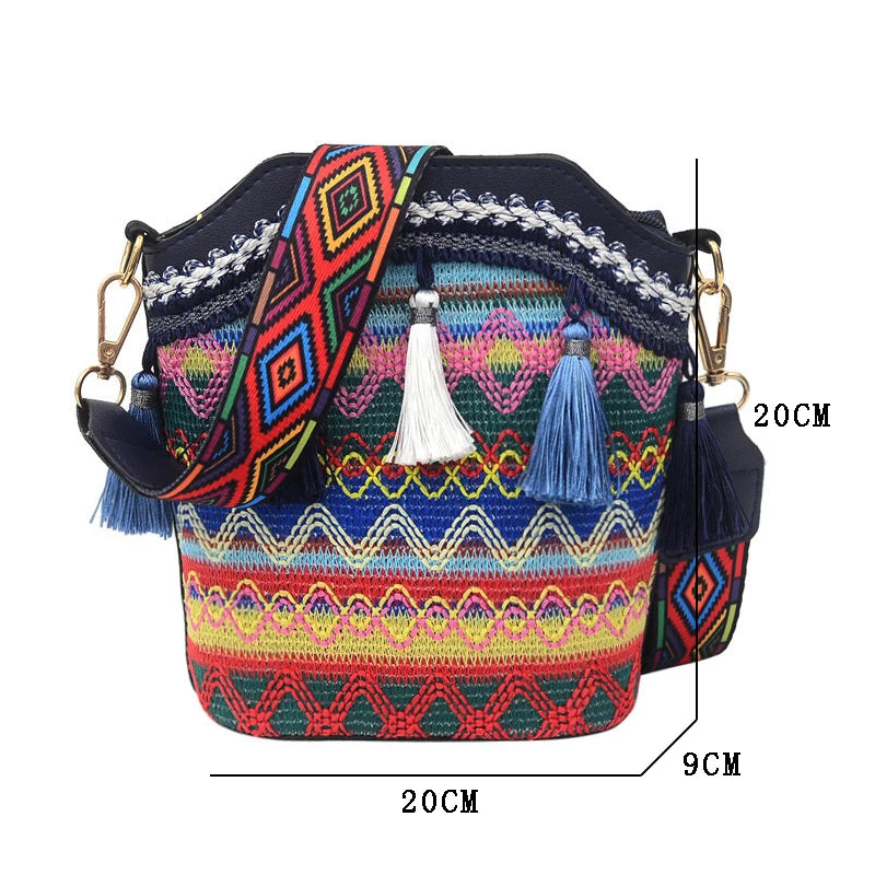 Vintage Ethnic Crossbody Bag with Tassel