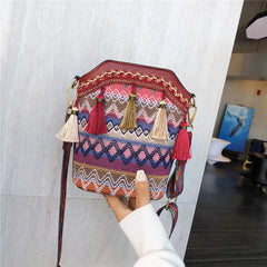 Vintage Ethnic Crossbody Bag with Tassel