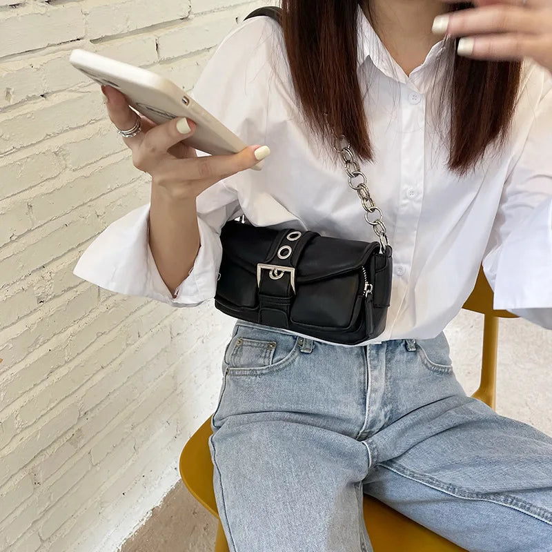 Vintage Small Shoulder Bag Retro Leather Ladies Underarm Chain Mini