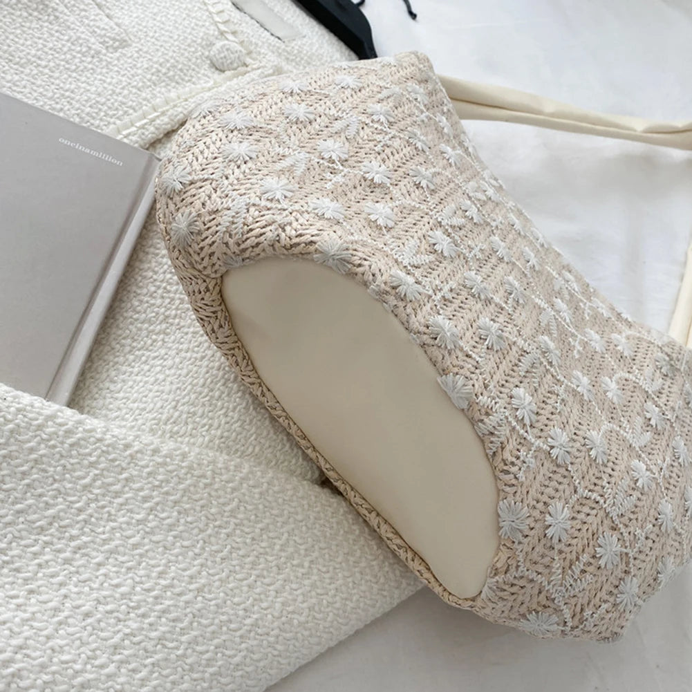 Vintage Woven Small Shoulder Underarm Bag Women Beach Vacation Mesh Flower Purse