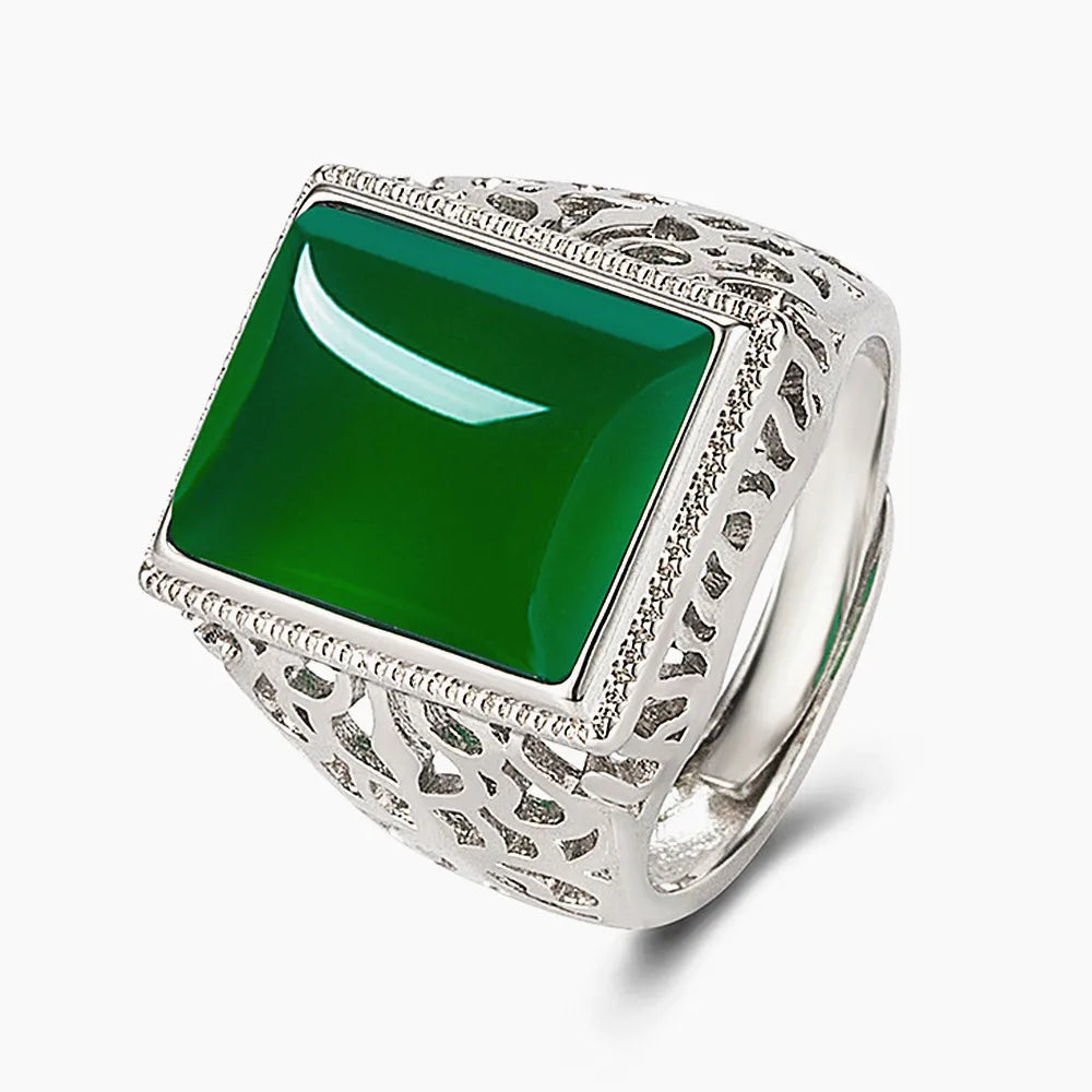 Vintage Green Jade Gemstone Ring for Men Silver Jewelry