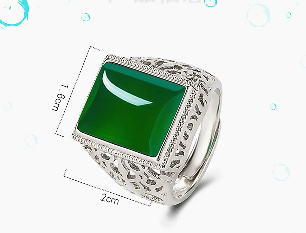 Vintage Green Jade Gemstone Ring for Men Silver Jewelry