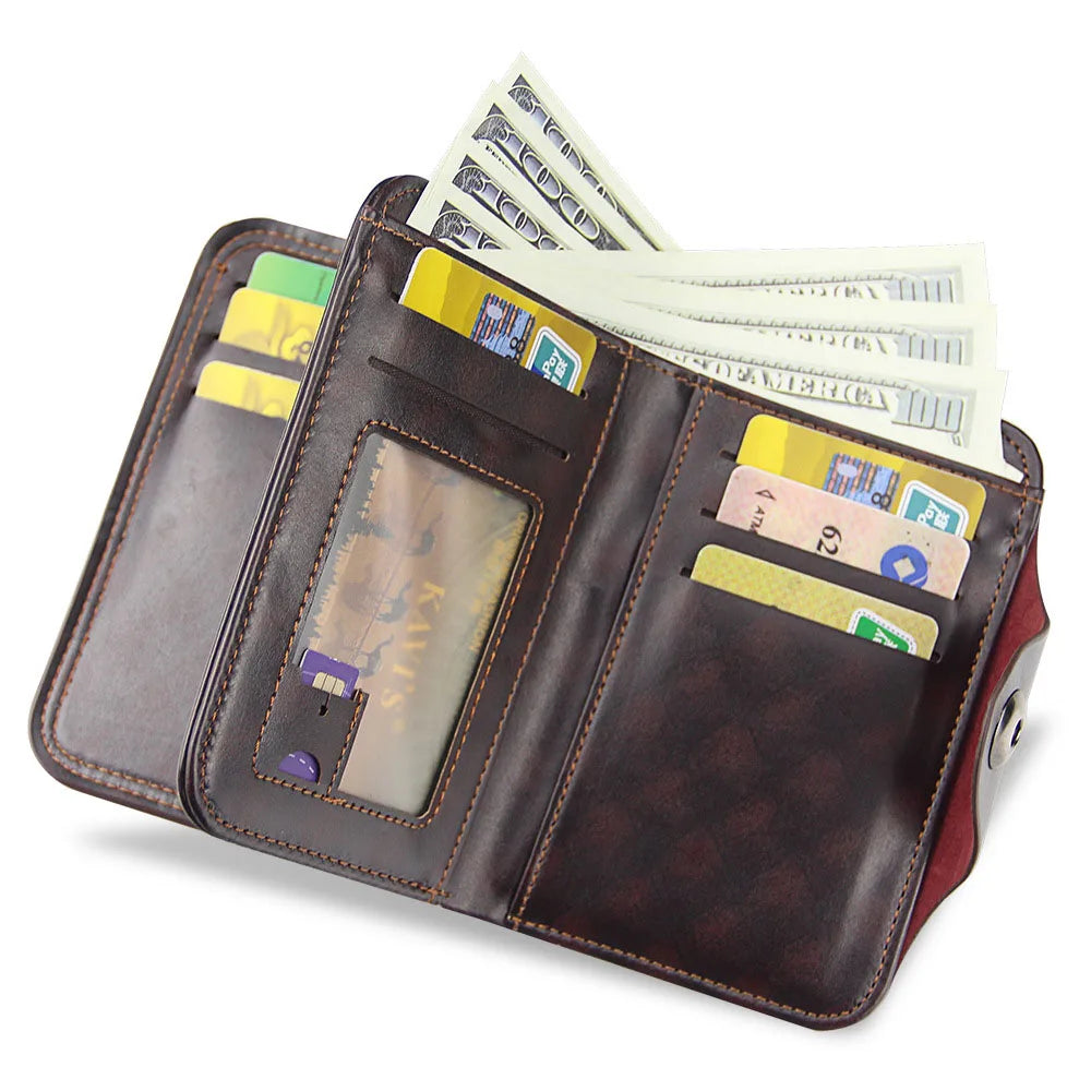 Vintage Men's Natural Leather Wallet with Magnet Hook