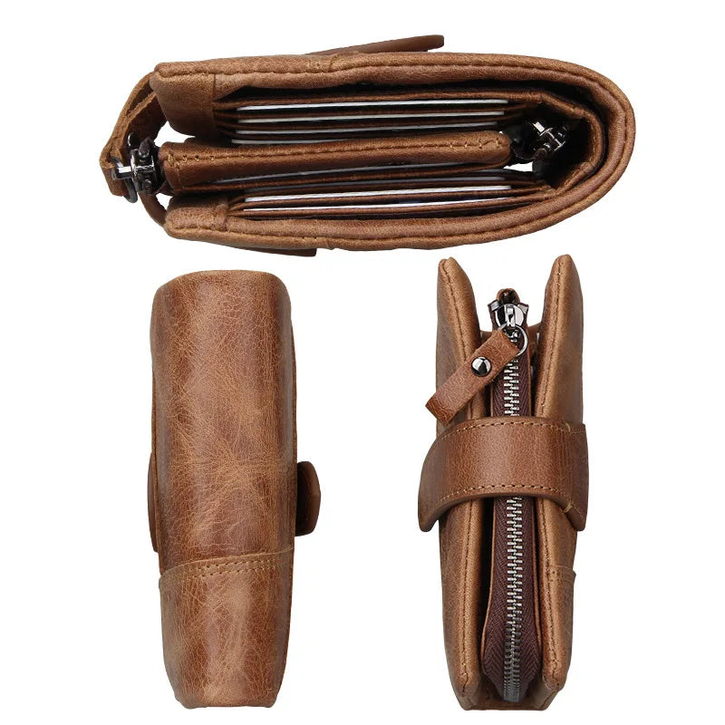 Crazy Horse Leather Anti RFID Men Zipper Short Wallets