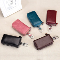 Oil Wax Leather Car Key Smart Wallet Zipper Key Holder Organizer