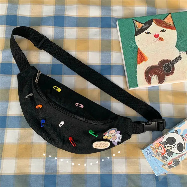 Canvas Waist Bag Women Fanny Pack with Brooch Casual Bum Bag