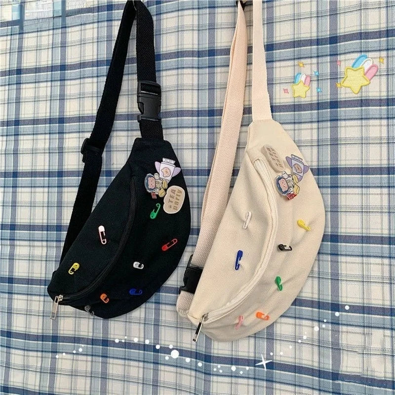 Canvas Waist Bag Women Fanny Pack with Brooch Casual Bum Bag