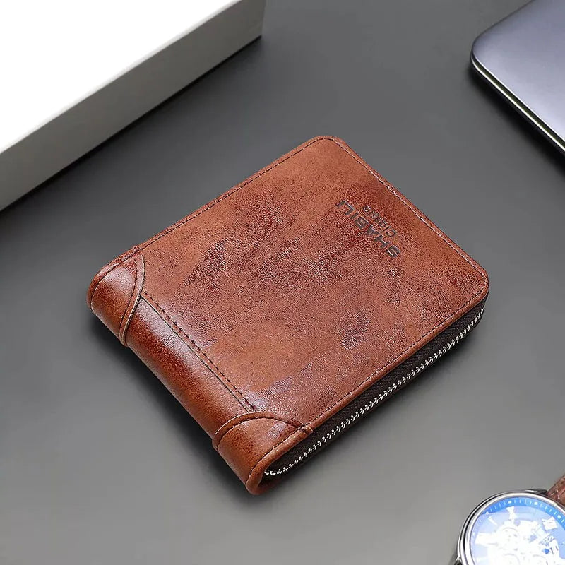 Men's Short Vintage Leather Wallet with Zipper Coins Bag