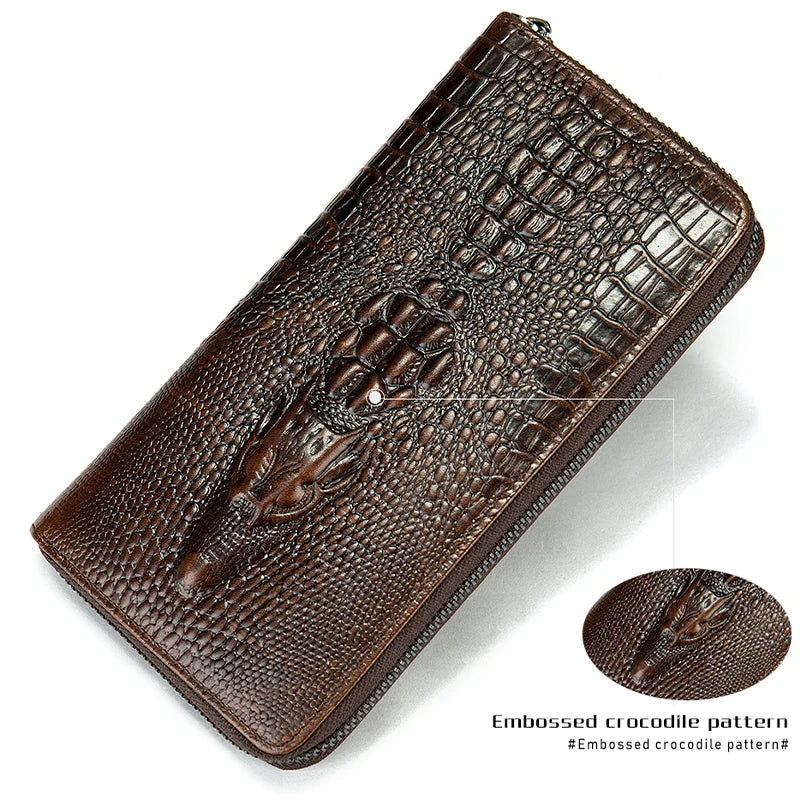 Crocodile Pattern Leather Clutch Wallet for Men Zipper Purse