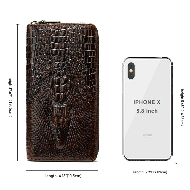 Crocodile Pattern Leather Clutch Wallet for Men Zipper Purse