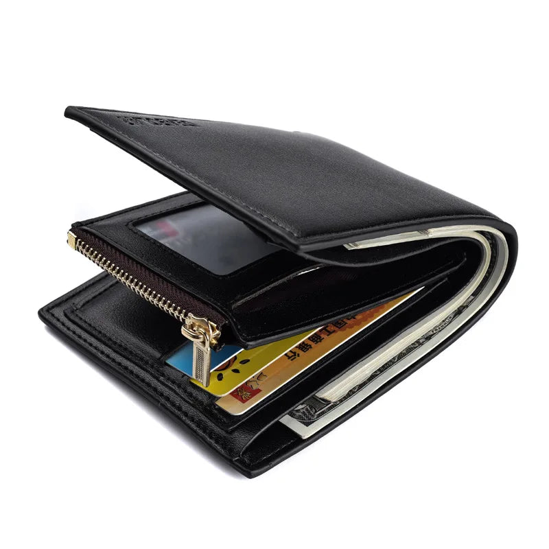 Men's Short Wallet Triple Fold Zipper PU Wallet Multi-Card Slot