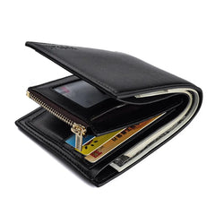 Men's Short Wallet Triple Fold Zipper PU Wallet Multi-Card Slot