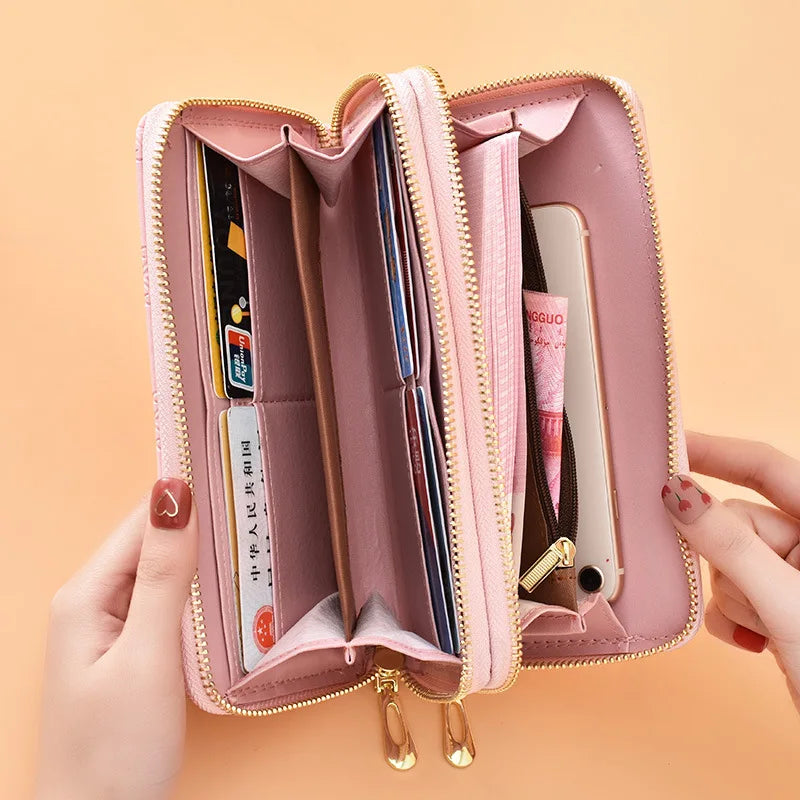 Women's Leather Double Zipper Handbag Large Capacity Phone Bag