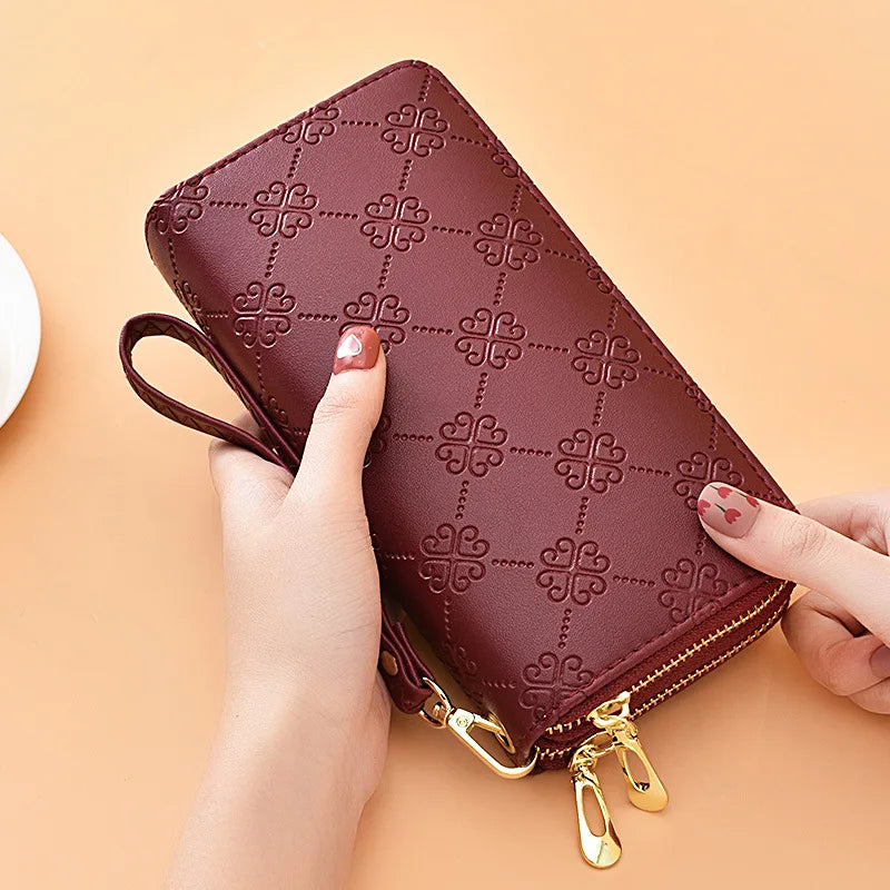 Women's Leather Double Zipper Handbag Large Capacity Phone Bag