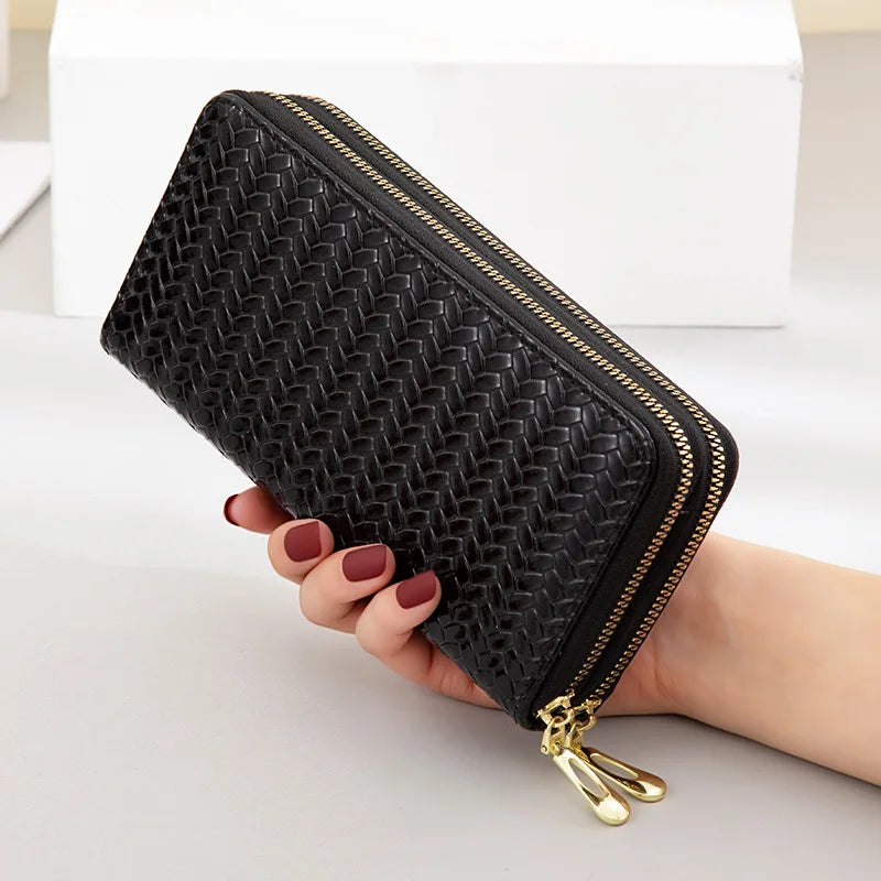 Woven Pattern Leather Wallet, Large Capacity Clutch