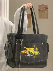 Canvas Embroidered Letters Retro Vintage Tote Shoulder Bag