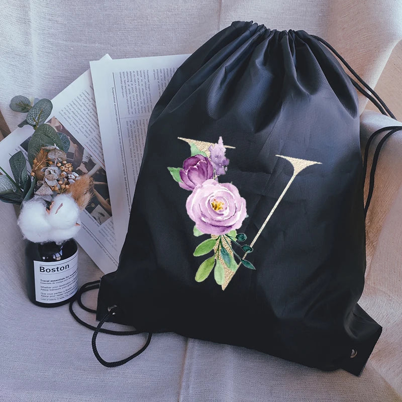 Waterproof Foldable Drawstring Bag Golden Letter Print Backpack