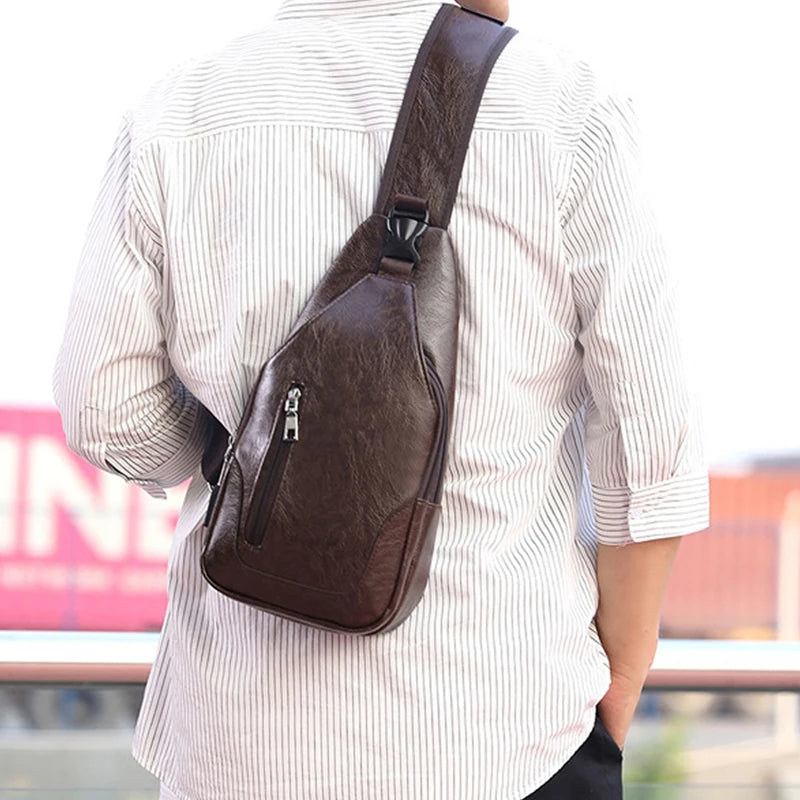 Waterproof PU Leather Chest Bag Outdoor USB Charging
