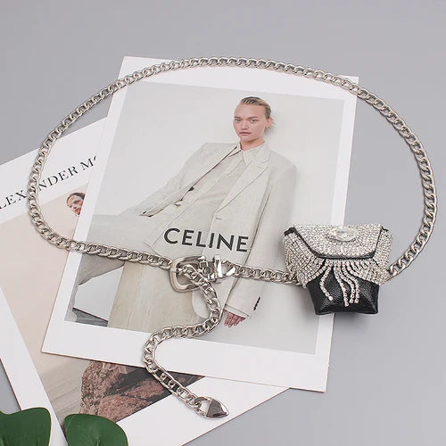 Bling Rhinestone Tassel Fanny Pack with Metal Chain