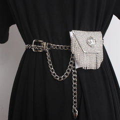 Bling Rhinestone Tassel Fanny Pack with Metal Chain
