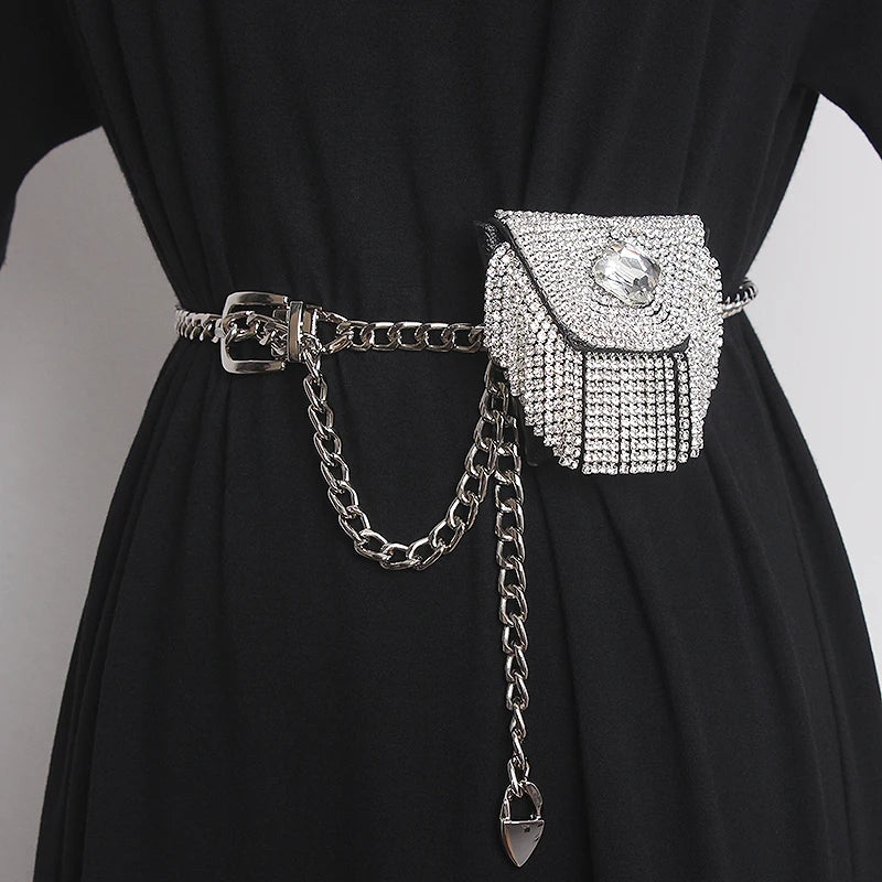 Bling Rhinestone Tassel Fanny Pack with Metal Chain