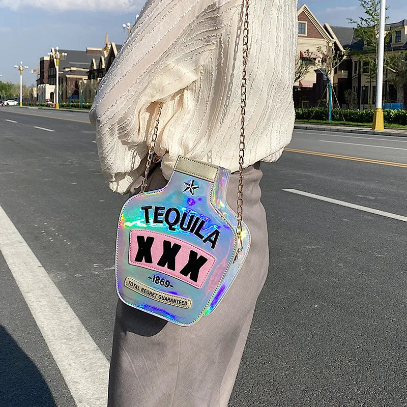 Reflective Tequila Shoulder Bag Crossbody Wine Bottle Shape Handbag