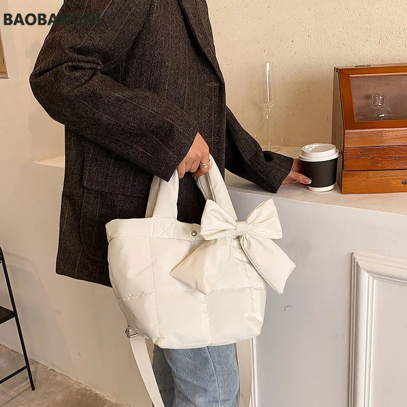 Winter Bow Small Tote Oxford Cloth Shoulder Bag