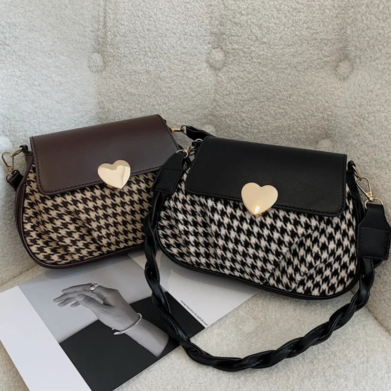 Winter Houndstooth Pattern Ladies Shoulder Bags Women's Pu Leather