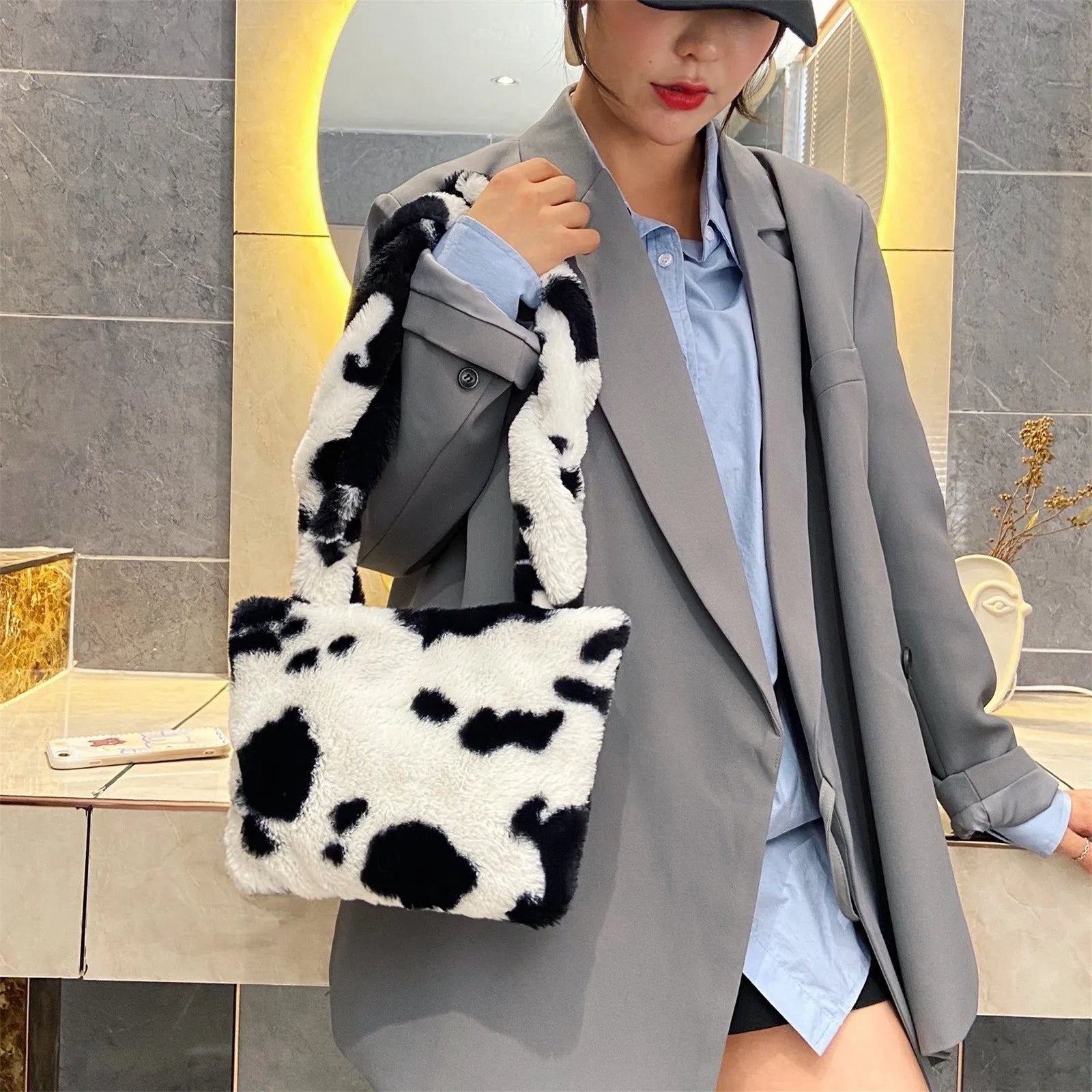 Leopard Print Plush Handbag Messenger Bag Soft Warm Fur Bag
