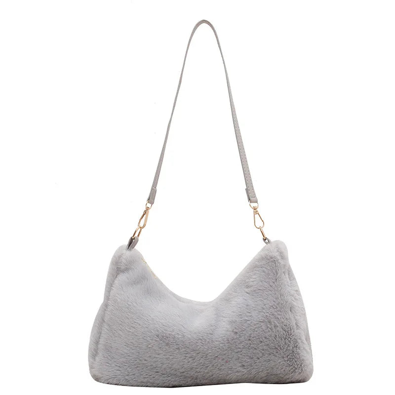 Winter Soft Plush Shoulder Bag Faux Fur Tote Purse Handbag Solid Underarm Bag